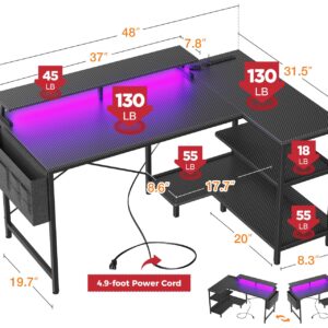 ODK 48 Inch Gaming Desk with USB Charging Ports and LED Lights, Reversible L Shaped Computer Desk with Storage Shelves & Monitor Stand, Corner Gamer Desk Table with Power Outlets, Black