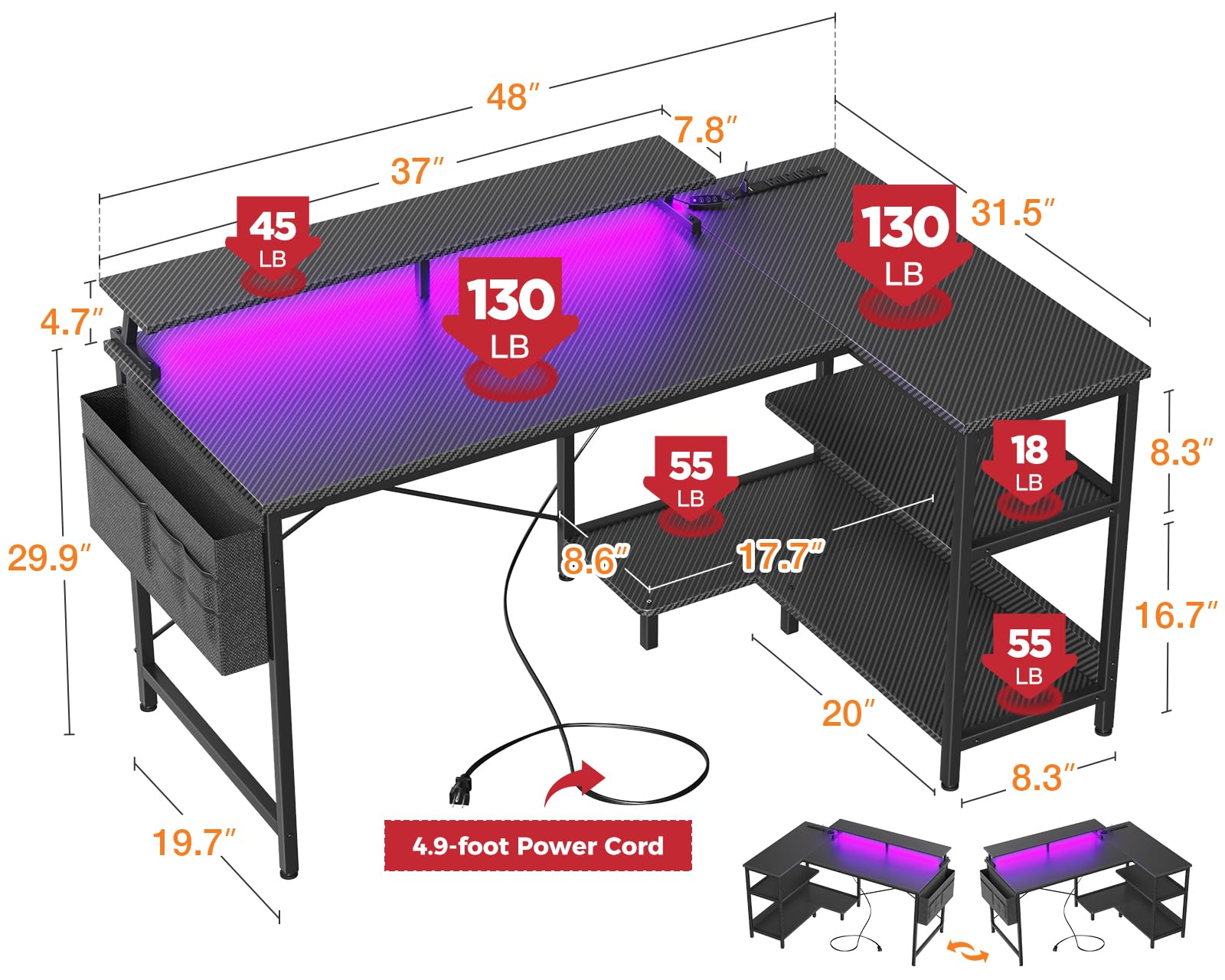 ODK 48 Inch Gaming Desk with USB Charging Ports and LED Lights, Reversible L Shaped Computer Desk with Storage Shelves & Monitor Stand, Corner Gamer Desk Table with Power Outlets, Black