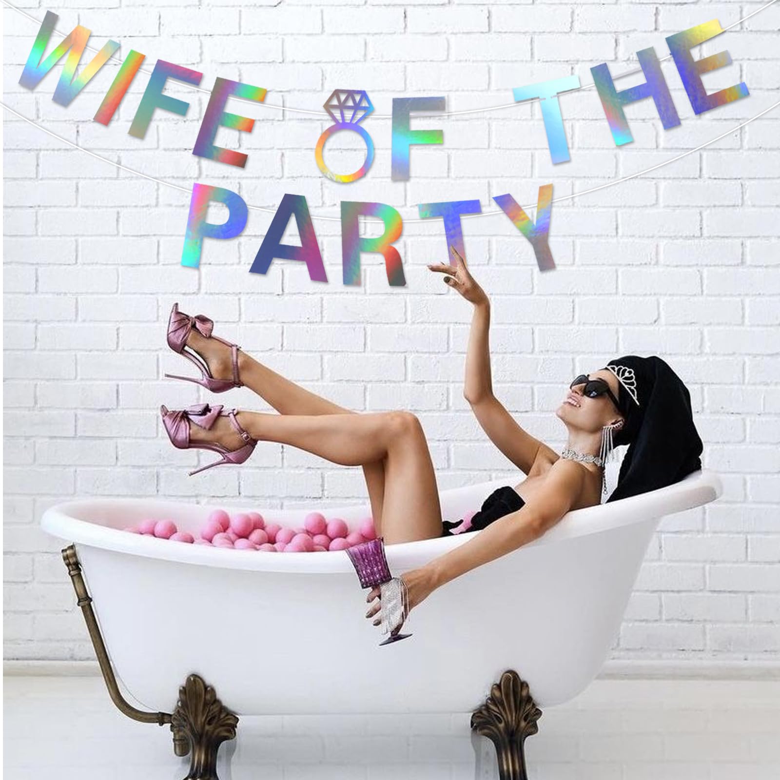 Sursurprise Wife of the Party Bachelorette Decorations, Wife of the Party Banner Sign Iridescent Holographic for Bridal Shower Engagement Wedding Party Supplies