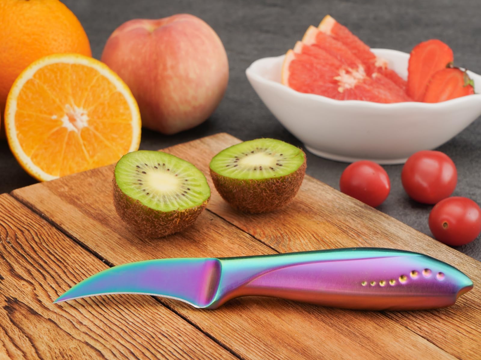 WELLSTAR 2.5 inch Birds Beak Paring Knife, Sharp High Carbon Stainless Steel Curved Blade For Fruit and Vegetable Peeling Garnishing Cutting – Rainbow