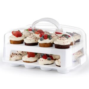 cupcake carrier 24 count - sturdy cupcake holder with lid & 2 handles, stylish two-tier cupcake carrier/stand, spacious 3.5” top & bottom tray