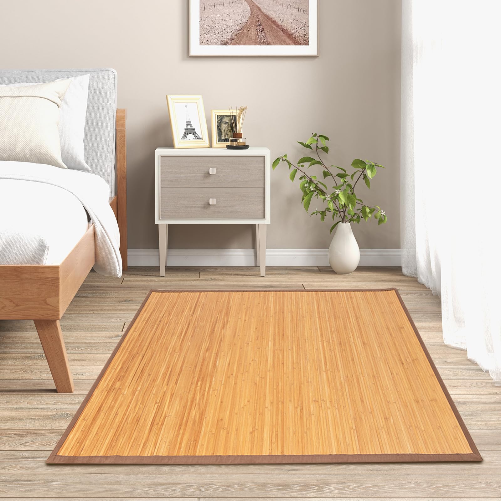 COSTWAY Bamboo Area Rug, 5'x8' Natural Bamboo Floor Mat with Anti-Slip Backing, Indoor Roll-up Runner Rug, 96"x60" Anti-Skid Large Floor Carpet for Bedroom Living Room Entryway Indoor