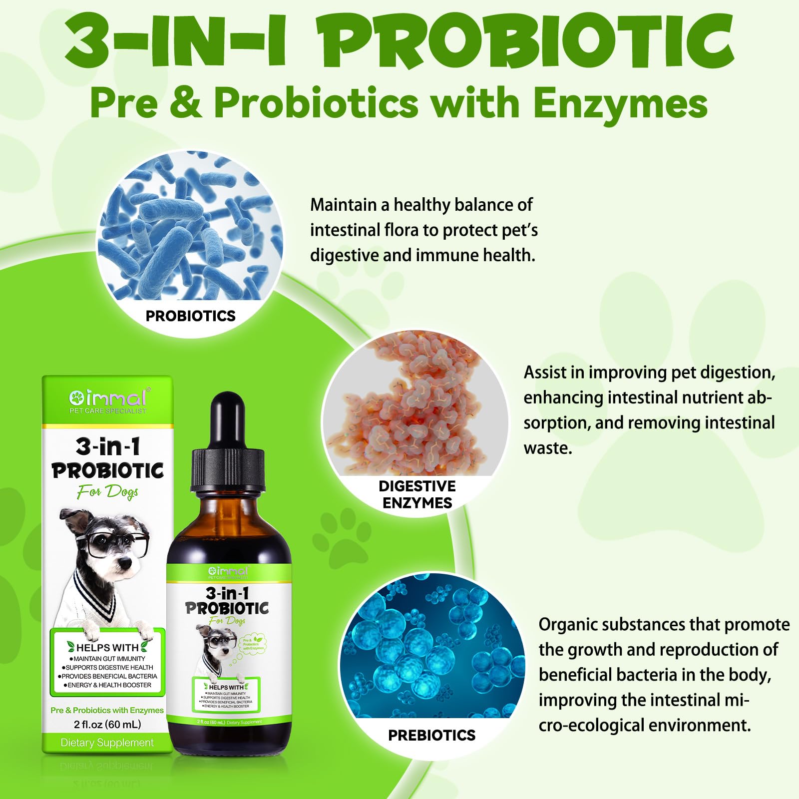 Probiotic for Dogs, Natural 3 in 1 Dog Probiotic Drops Helps Relieve Diarrhea, Supports Gut Health, Itchy Skin, Allergies, Immunity, Digestive Enzyme for Dog Supplement, Bacon Flavor - 60ml / 2 fl.oz