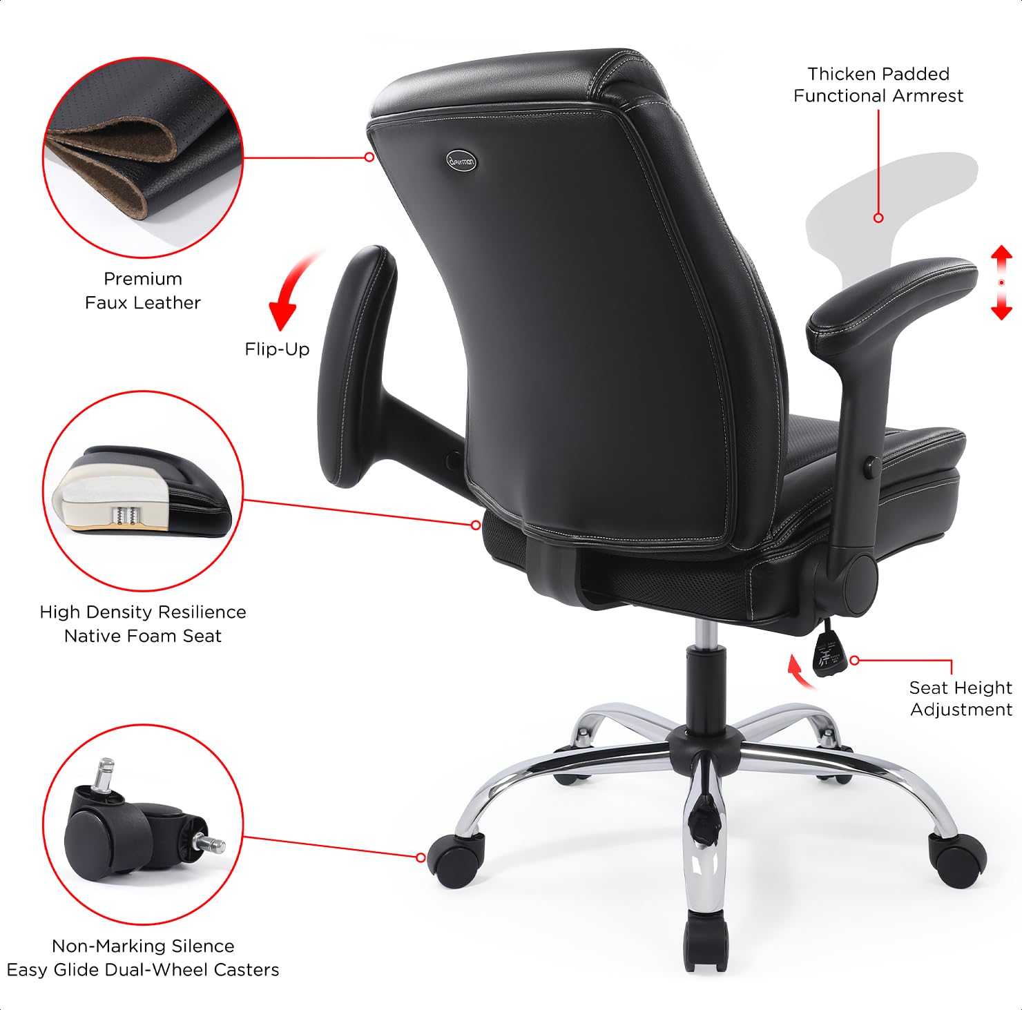 CHAIRMAN Multi-Purpose Premium Bonded Leather Padded Mid-Back Adjustable-Height/Tilt, Swivel Office Computer Desk Task Chair with Functional Arms, Black