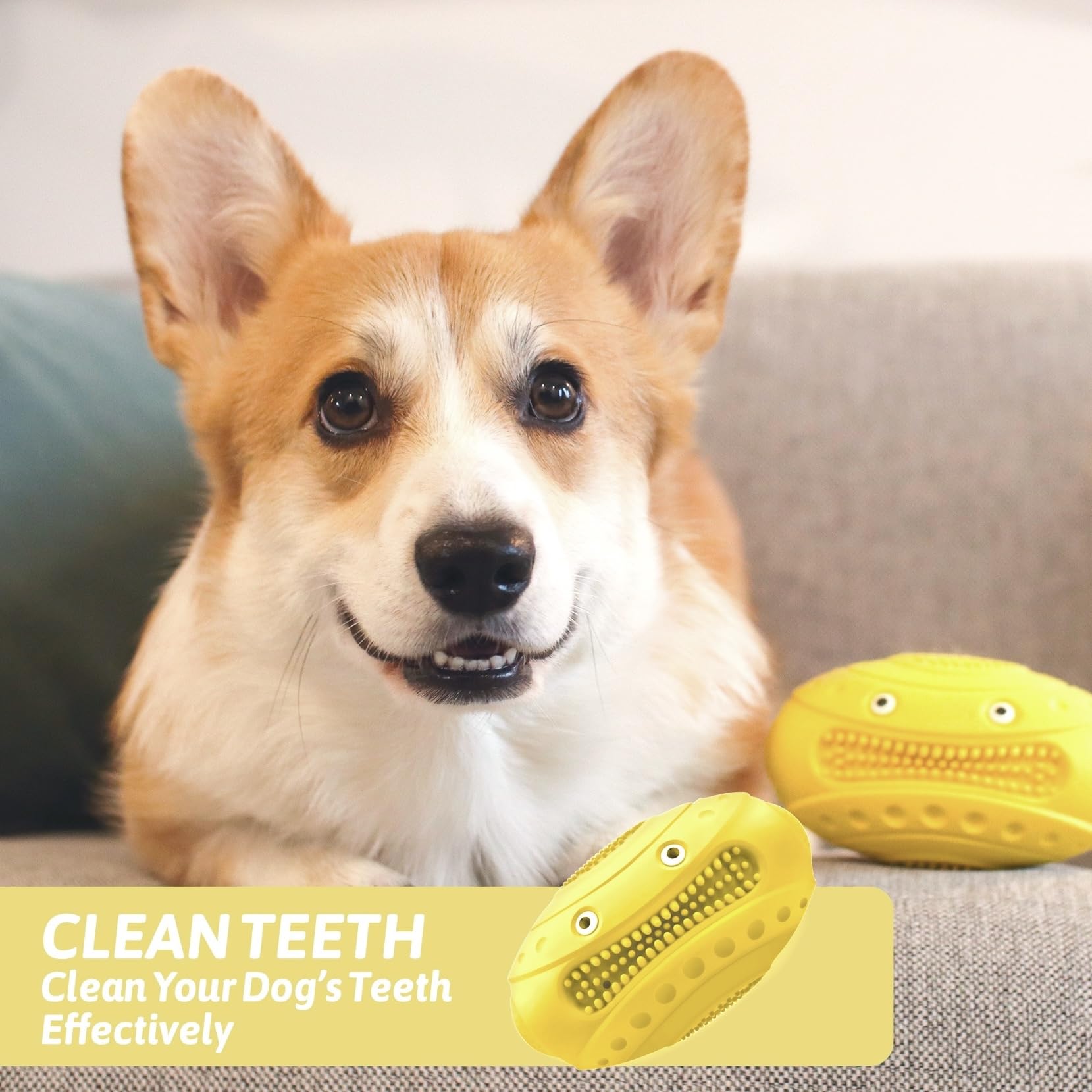 Truseful Squeaky Dog Chew Toy for Aggressive Chewers - Durable Interactive Teething Football for Better Dental Health(Yellow, Monster)