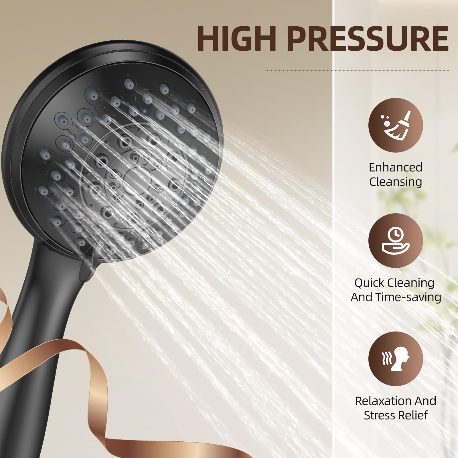 Shower Head with Handheld - RAINVISTA 6 Functions High Pressure Detachable Shower Head Set for Bathroom, Stainless Steel Hose and Adjustable Shower Arm Bracket, Matte Black