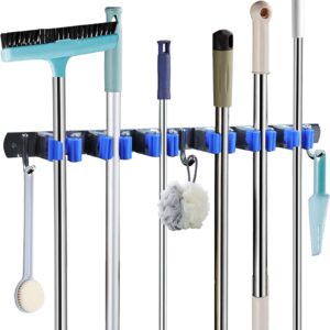 broom holder mop hanger wall mount, broom organizer storage tool racks, mop and broom holder, wall mounted organizer with 6 slots & 3 hooks, wall mounted garden tool rack organizer for home garage