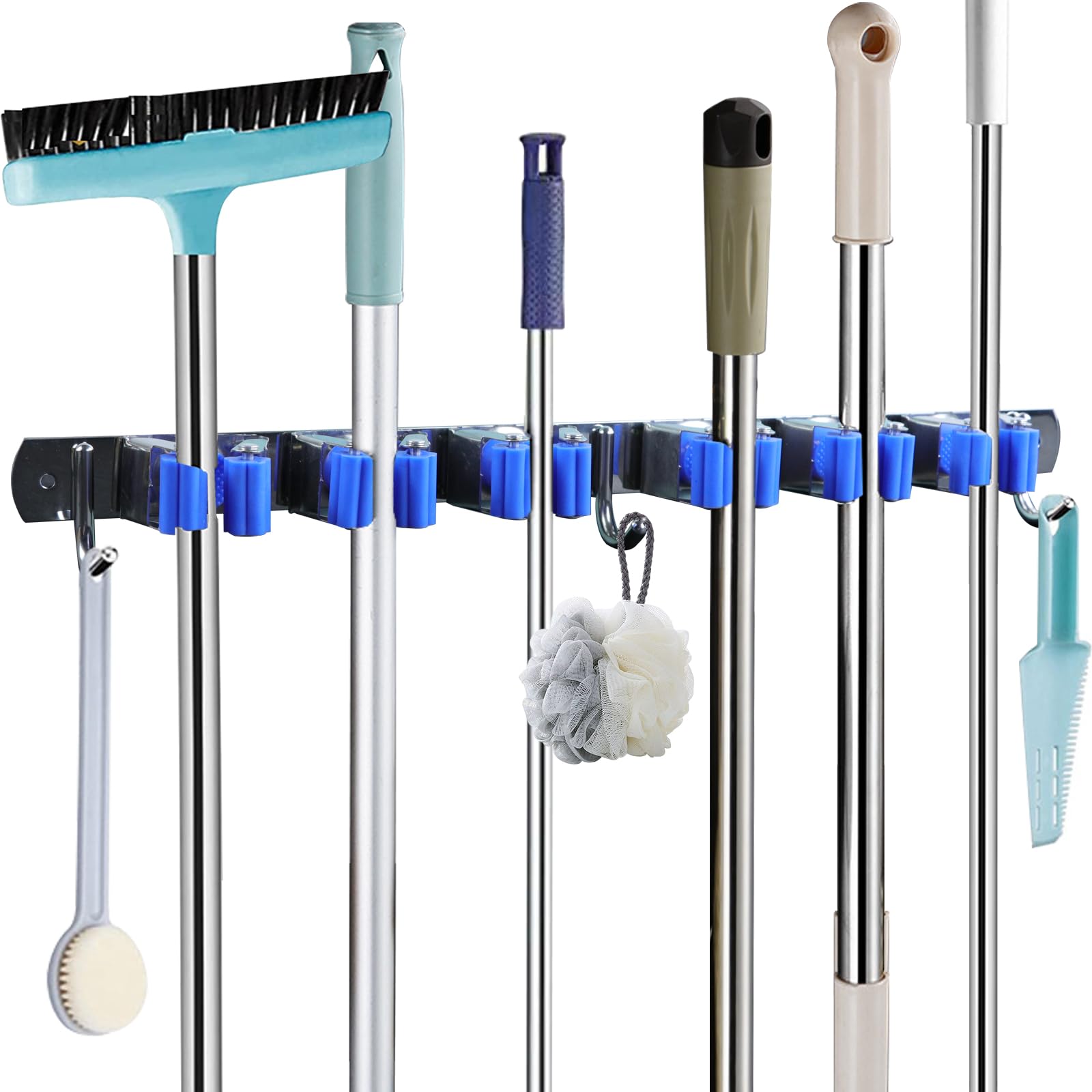 Broom Holder Mop Hanger Wall Mount, Broom Organizer Storage Tool Racks, Mop and Broom Holder, Wall Mounted Organizer with 6 Slots & 3 Hooks, Wall Mounted Garden Tool Rack Organizer for Home Garage