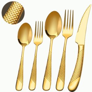 runfly 20 piece hammered gold silverware set, 18/10 stainless steel golden flatware set, modern kitchen utensil set service for 4, tableware set, cutlery set including fork spoon and knife