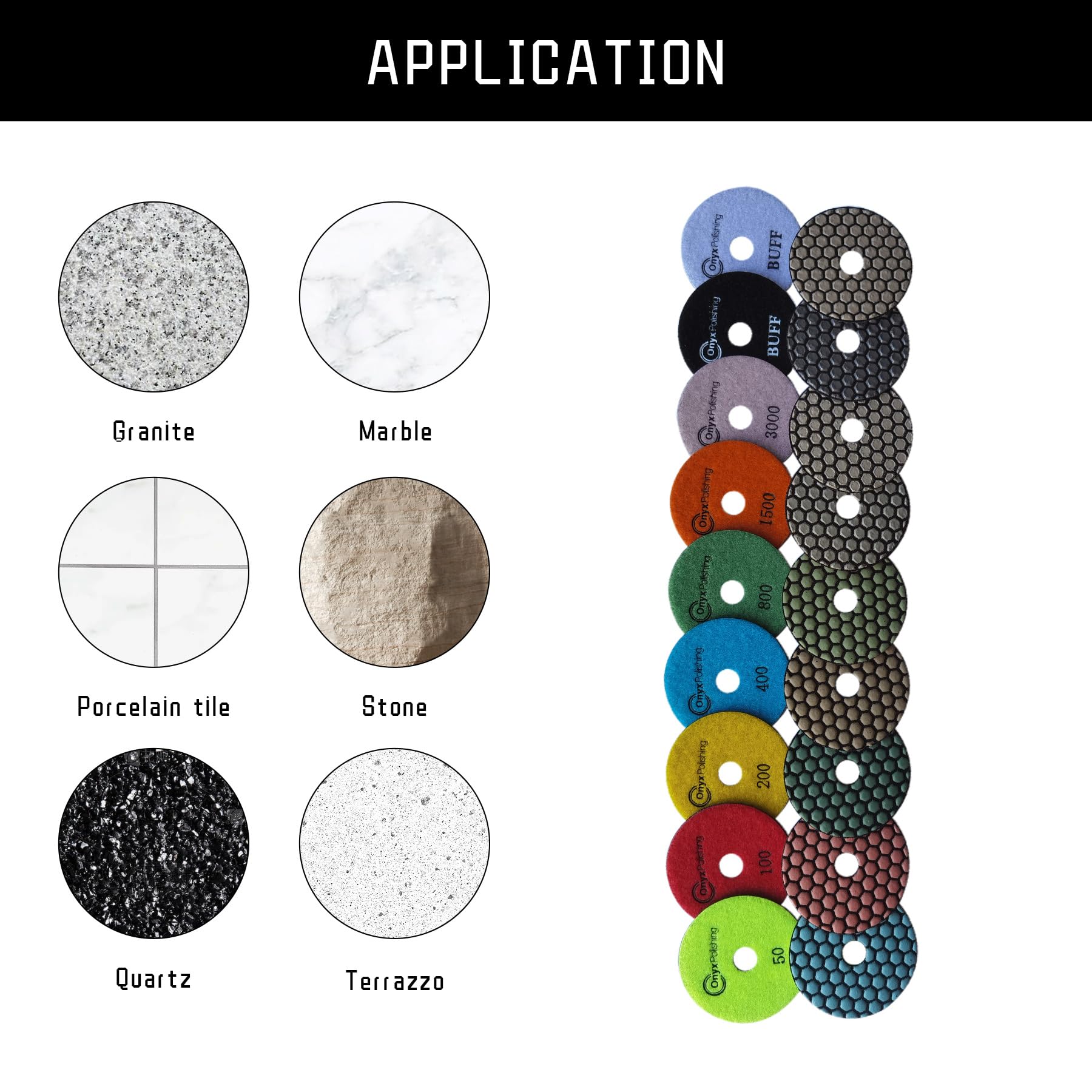 Onyx 9 PCS Dry Diamond Polishing Pads 4 Inch, Grit 50-3000, White Buff, Black Buff, Granite, Marble, Engineered Stone, Concrete, Countertop Polish Pads