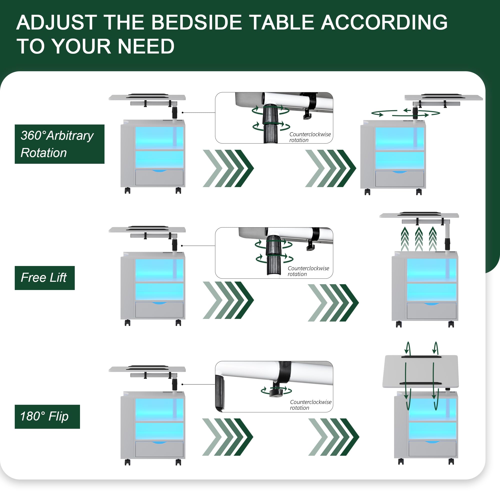 HNEBC LED Nightstand with Wireless Charging Station,White Nightstand Has Adjustable Rotary Table,Bedside Tables with One Drawer and 2 Mezzanines/Infrared Induction 3 Color Lighting (On The Left)