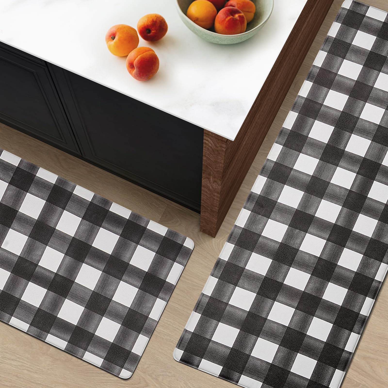 FRESHMINT Modern Farmhouse Plaid 2 Piece Set Kitchen Mats for Floor Anti Fatigue Waterproof & Non-Skid Kitchen Rugs Cushioned Kitchen Mat for Standing Washable Comfort Desk Kitchen Runners