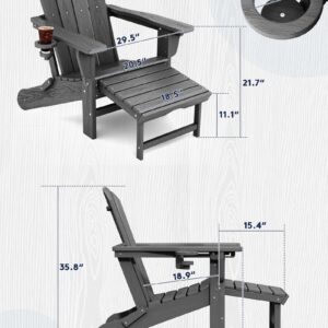 KINGYES Folding Adjustable Adirondack Chair with Retractable Ottoman Set of 2, HDPE All Weather Chair with Cup Holder, Wood-Like Reclining Adirondack Chair - Versatile Adirondack Chair, Grey