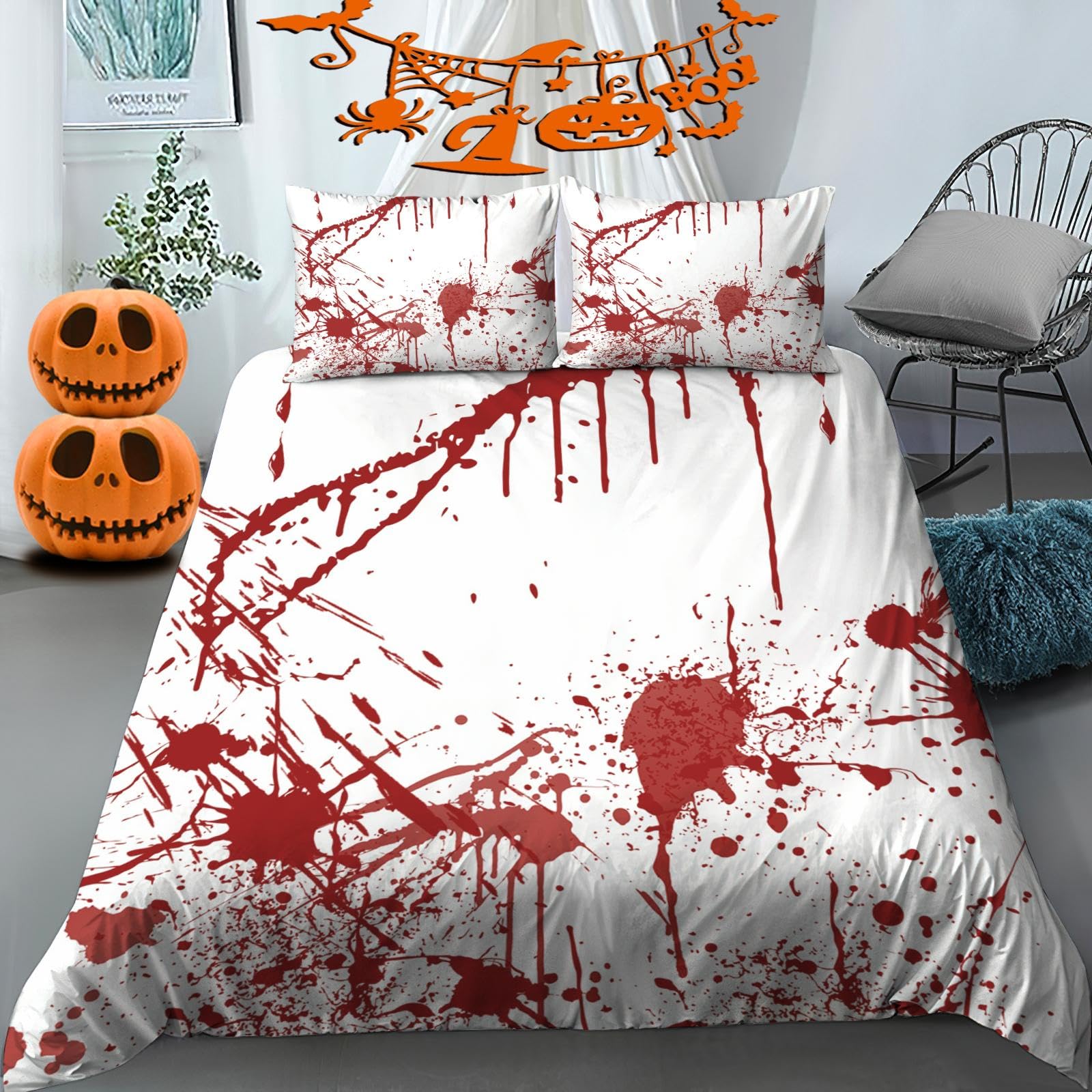 Horror Blood Print Bedding Set 3 Pcs, Bloody Halloween Decor Duvet Cover Set, Microfiber Soft Textured Comfortable Bedding Duvet Cover Sets with Zipper Closure for All Seasons (Twin 68" X 88")