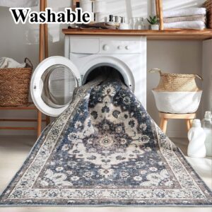 Washable Living Room Area Rug - 9 x 12 Stain Resistant Medallion Soft Bedroom Rugs Distressed Design Non Shedding Carpet for Indoor Outdoor Floor Coverings (9x12 Blue)