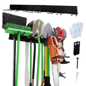 ohana love garage tool organizer wall mount with gardening gloves - adjustable garden tool organizer for garage with 9 heavy duty snap on hooks, 3 rails, 2 cable storage hooks broom holder wall mount