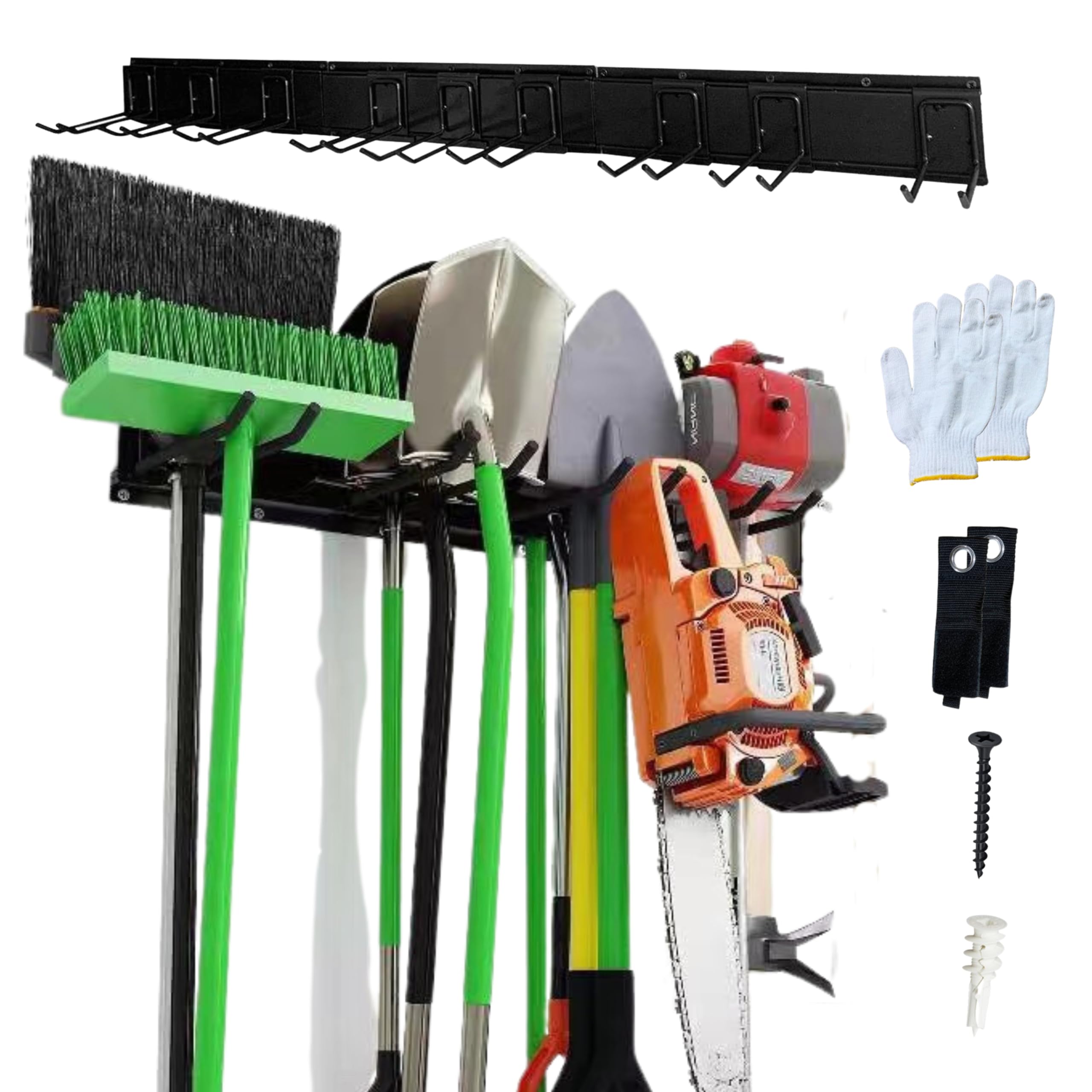 Ohana Love Garage Tool Organizer Wall Mount With Gardening Gloves - Adjustable Garden Tool Organizer for Garage with 9 Heavy Duty Snap On Hooks, 3 Rails, 2 Cable Storage Hooks Broom holder wall mount