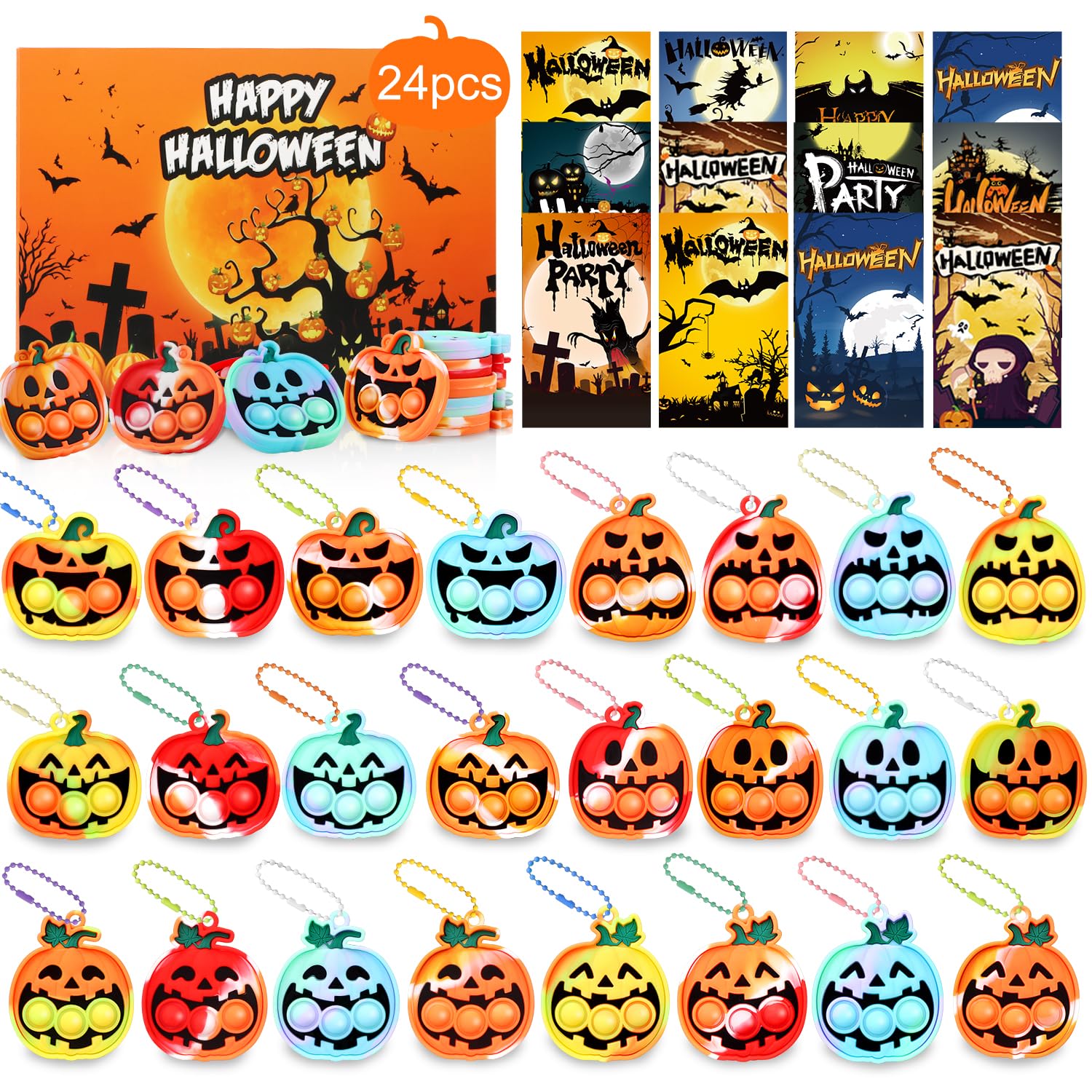 Halloween Party Favors for Kids,24 PCS Halloween Pumpkin Pop Fidget its Toys Keychain,Halloween Toys Treats for Kids,Halloween Goodie Bag Stuffers,Halloween Classroom Prizes