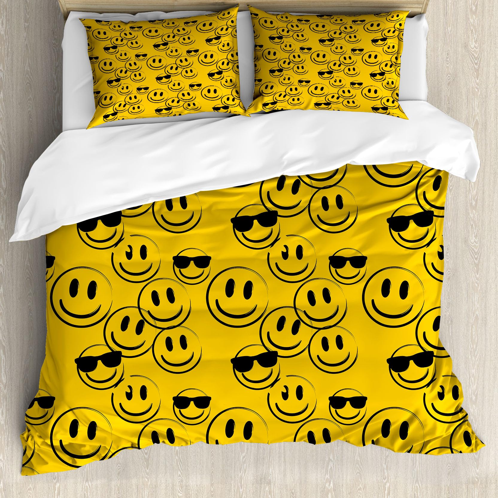 Ambesonne Emoji Duvet Cover Set, Modern Minimalist Pattern of Smiling Happy Faces with Sunglasses Print, Decorative 3 Piece Bedding Set with 2 Pillow Shams, Queen Size, Earth Yellow and Black