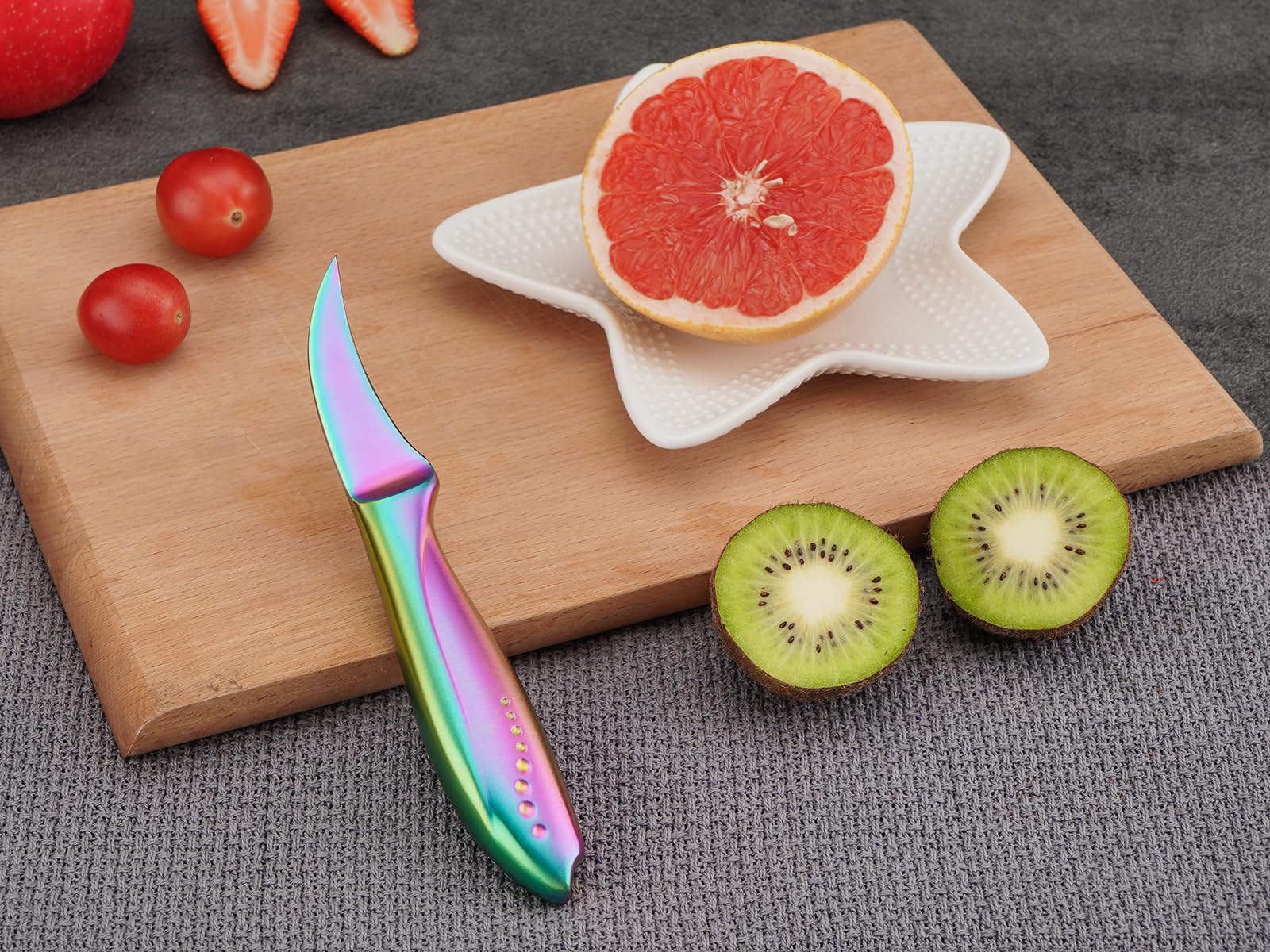 WELLSTAR 2.5 inch Birds Beak Paring Knife, Sharp High Carbon Stainless Steel Curved Blade For Fruit and Vegetable Peeling Garnishing Cutting – Rainbow