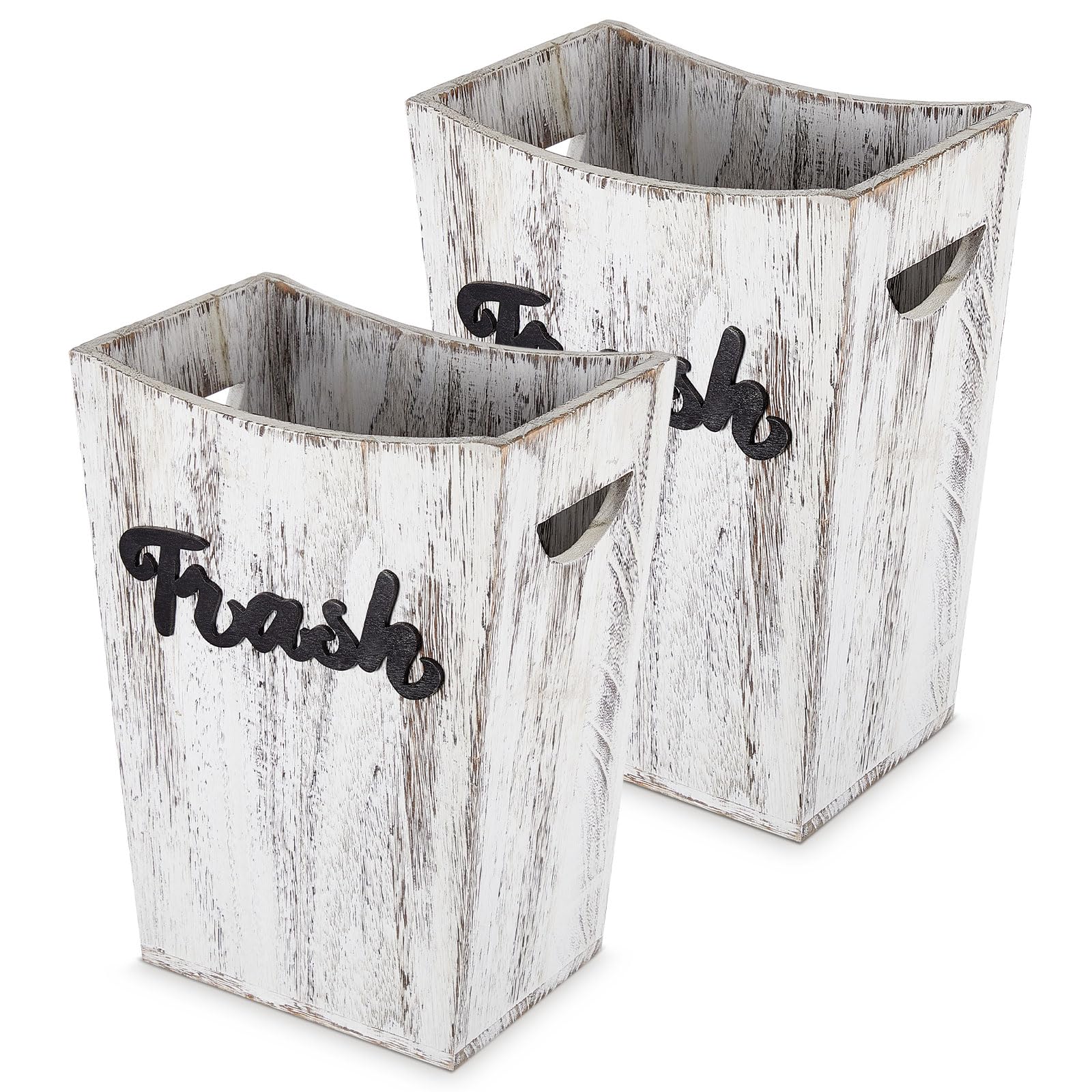 Maxcheck 2 Pcs Farmhouse Bathroom Wood Trash Can, 2 Sizes (3.35/2 Gallons) Rustic Square Wastebasket Bin with Convenient Handle for Bathroom, Kitchen, Bedroom, Office(White)