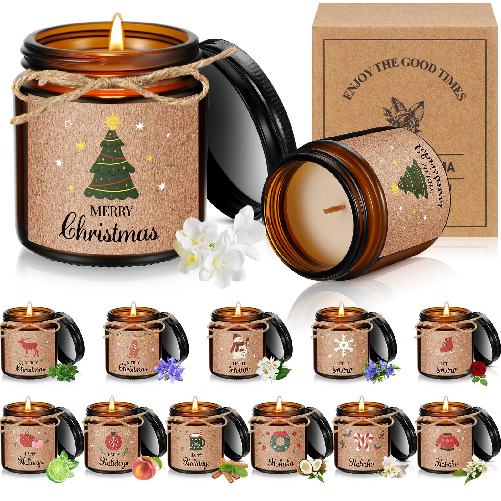 MTLEE 12 Pcs Christmas Candles Jars Scented Candle Christmas Gifts for Women Christmas Tree Aromatherapy Candles for Home Xmas Brithday Gifts Yoga (Cute Style)