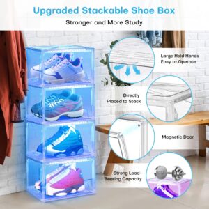 Oltraman Shoe Storage Organizer for Closet, Foldable Shoe Boxes Rack 2 pack, Clear Plastic Stackable Containers Bins Holder, Magnetic Sneaker Shelf for Sneakerheads with LED Lights Clear