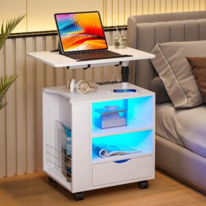 hnebc led nightstand with wireless charging station,white nightstand has adjustable rotary table,bedside tables with one drawer and 2 mezzanines/infrared induction 3 color lighting (on the left)