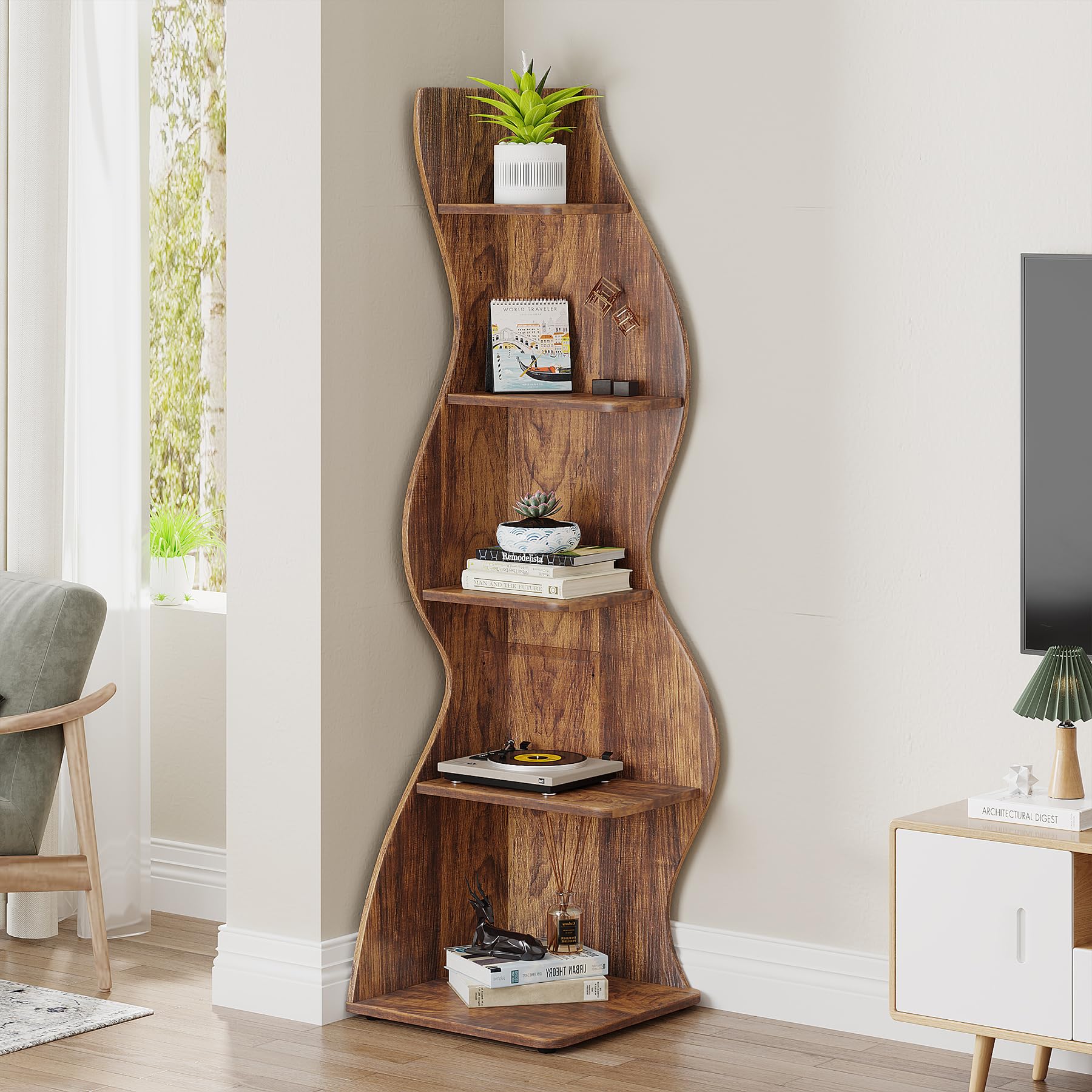 Tribesigns Corner Shelf, Rustic 5-Tier Wall Corner Bookshelf, Stylish Corner Small Bookcase Storage Rack Plant Stand with Unique Shape for Living Room, Home Office (1PC, Brown)