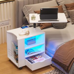 HNEBC LED Nightstand with Wireless Charging Station,White Nightstand Has Adjustable Rotary Table,Bedside Tables with One Drawer and 2 Mezzanines/Infrared Induction 3 Color Lighting (On The Left)