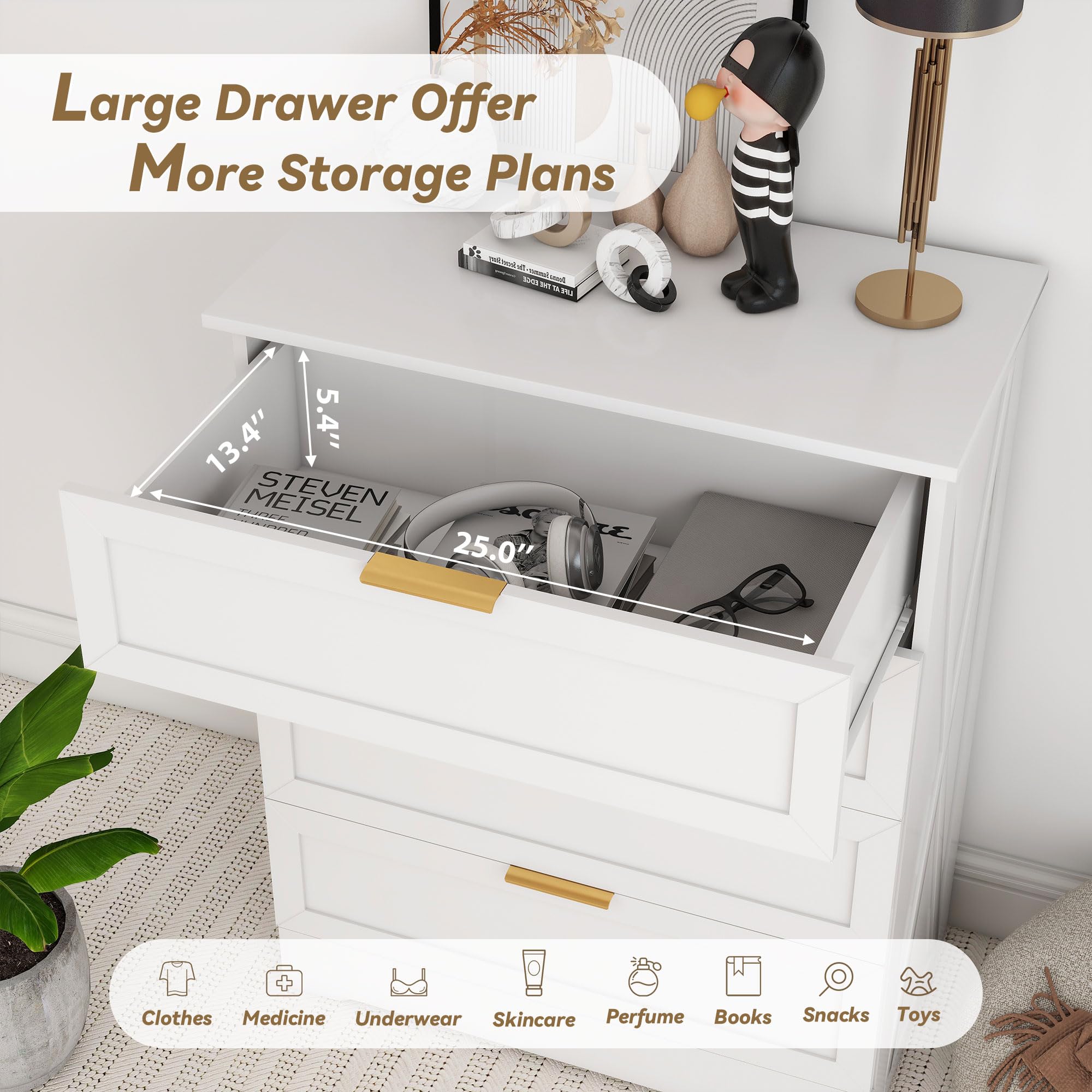 White 4 Drawer Dresser for Bedroom, Tall Bedroom Dresser with Large Drawer & Golden Handles, Wooden Storage Organizer Cabinet Chest of Drawer for Closet, Living Room, Hallway, Children's Room