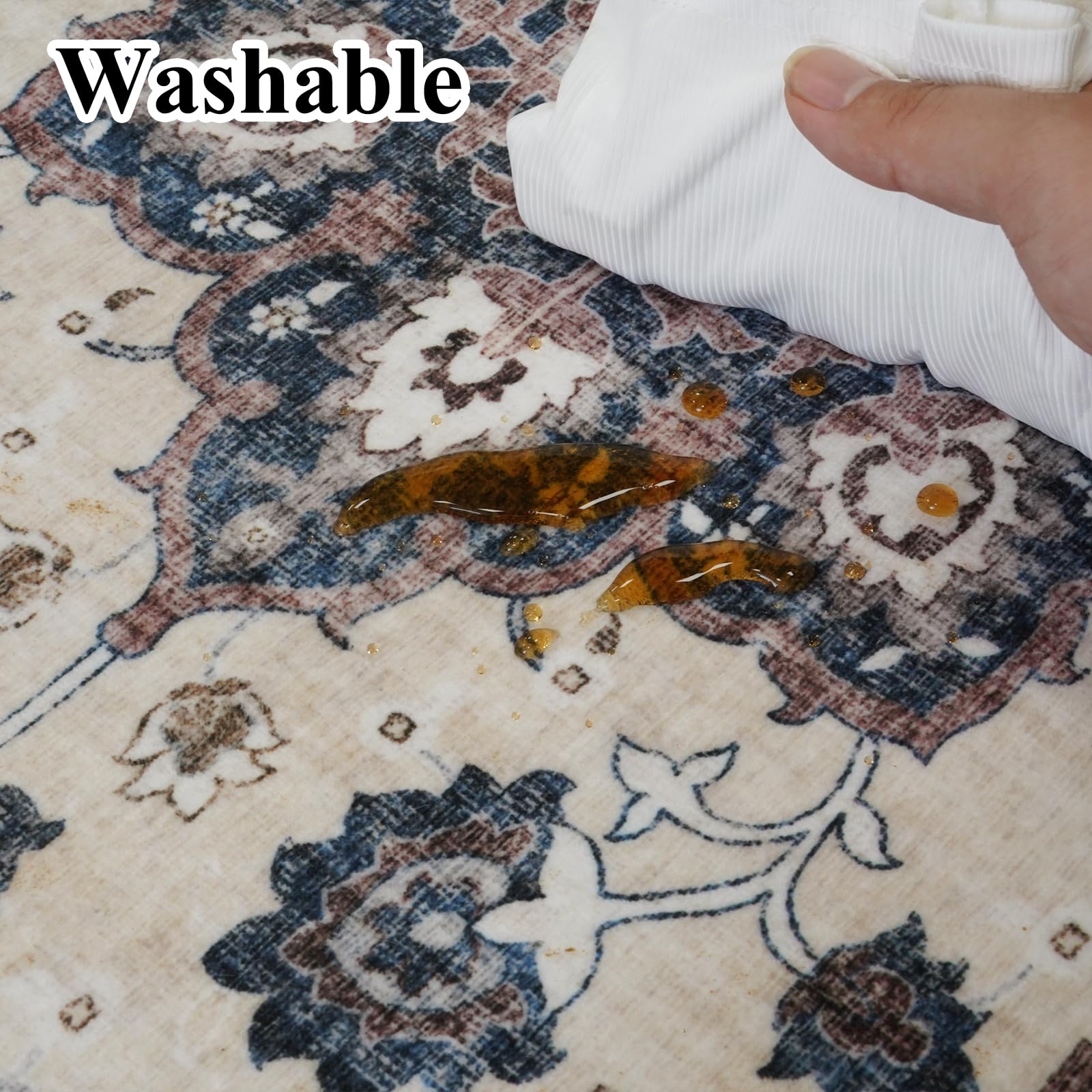 Washable Living Room Area Rug - 9 x 12 Stain Resistant Medallion Soft Bedroom Rugs Distressed Design Non Shedding Carpet for Indoor Outdoor Floor Coverings (9x12 Blue)