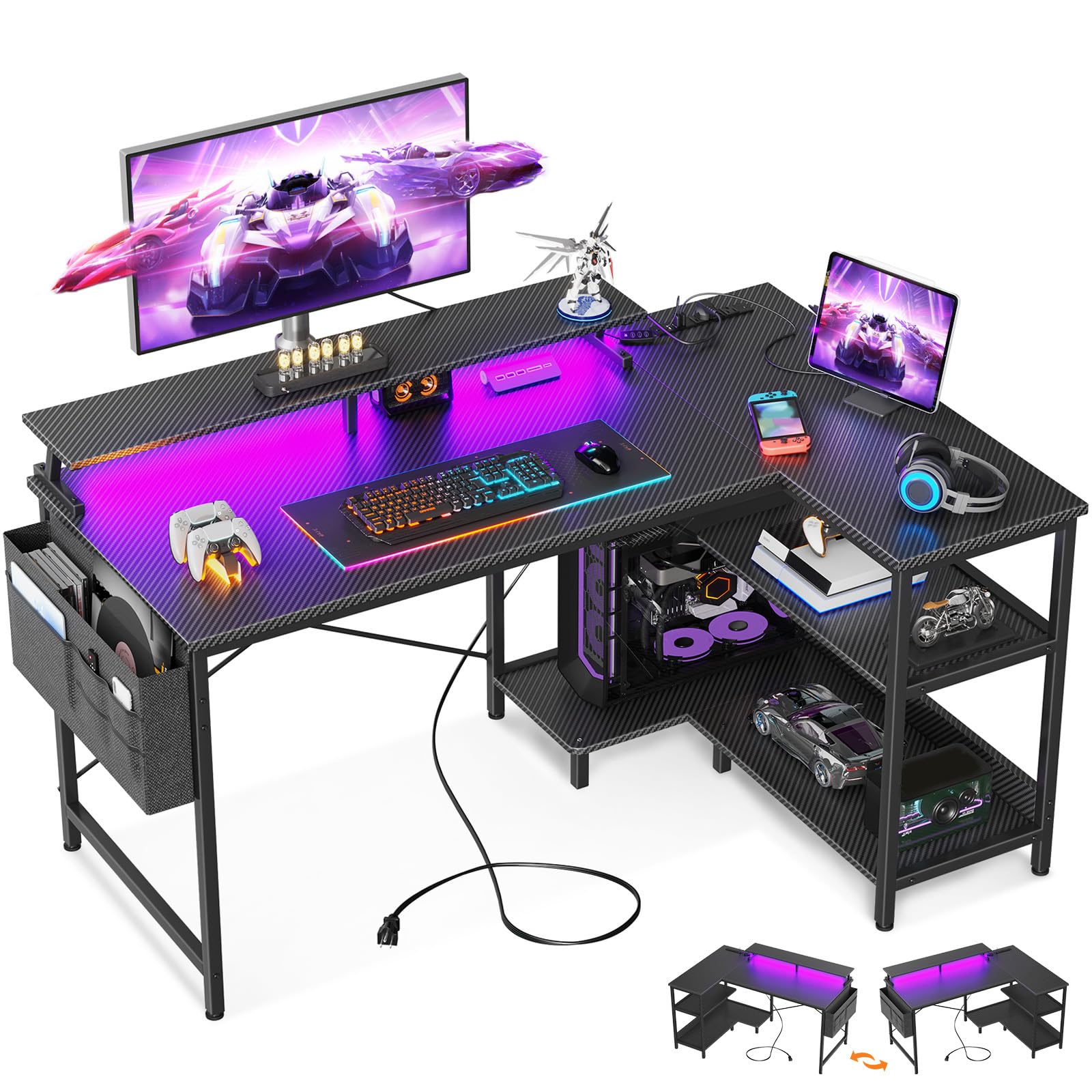 ODK 48 Inch Gaming Desk with USB Charging Ports and LED Lights, Reversible L Shaped Computer Desk with Storage Shelves & Monitor Stand, Corner Gamer Desk Table with Power Outlets, Black