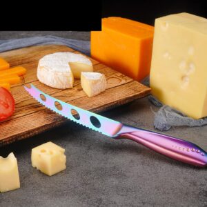 WELLSTAR Cheese Knife, Serrated Tomato Knife 5 Inch Sharp High Carbon Stainless Steel Blade for Cutting All Cheese Types - Rainbow