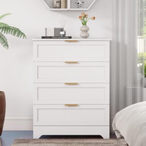 White 4 Drawer Dresser for Bedroom, Tall Bedroom Dresser with Large Drawer & Golden Handles, Wooden Storage Organizer Cabinet Chest of Drawer for Closet, Living Room, Hallway, Children's Room