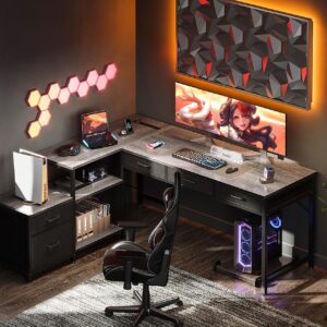 AODK L Shaped Computer Desk with Fabric Drawers and File Cabinet, 61" Reversible Home Office Workstation Desk with Power Outlets & Host Stand, Corner Gaming Table with Storage Shelves, Grey Oak