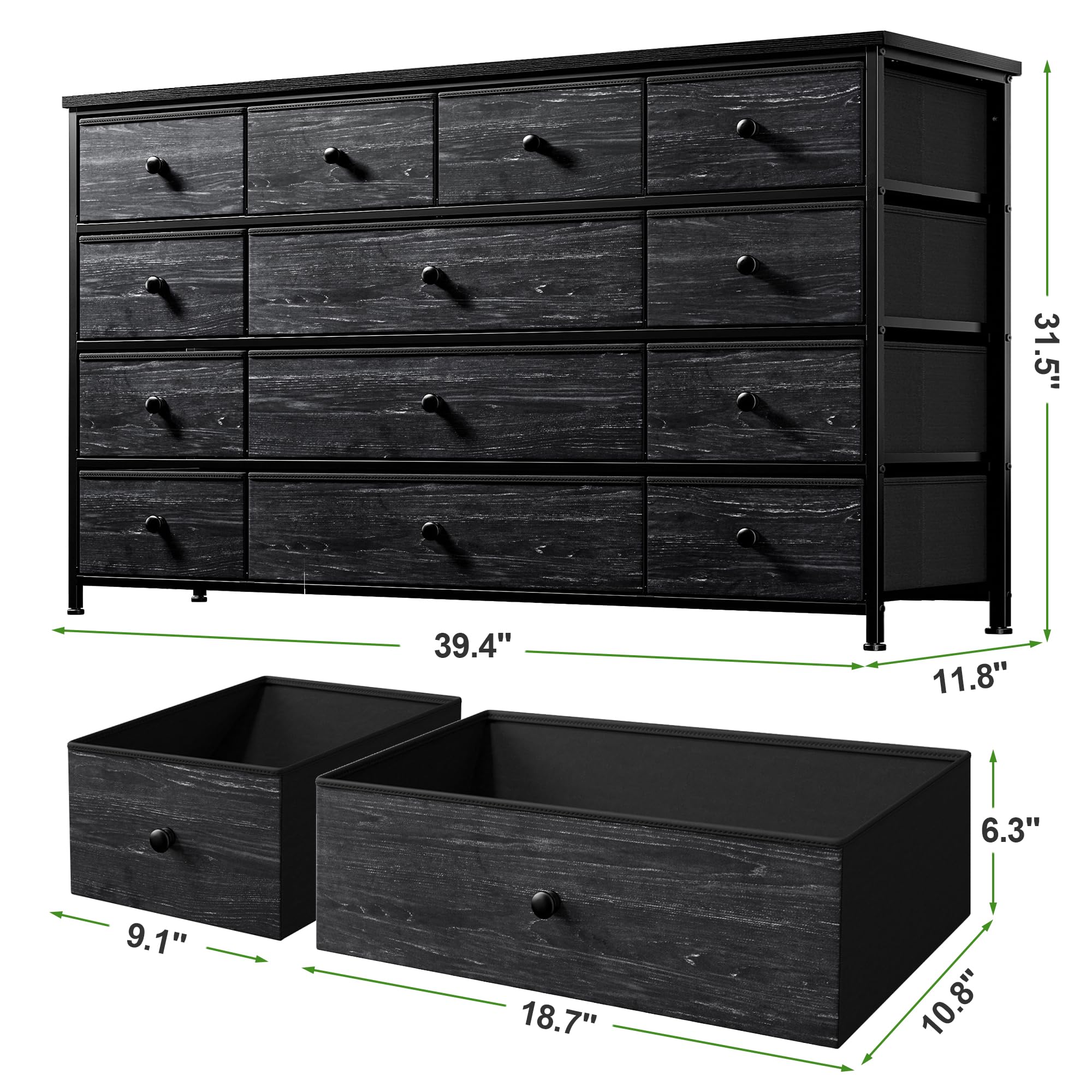 EnHomee Black Dresser, Dresser for Bedroom with 13 Storage Drawers, Dressers & Chests of Drawers for 55" TV, Black Dresser for Bedroom, Long Dresser for Closet, Entryway