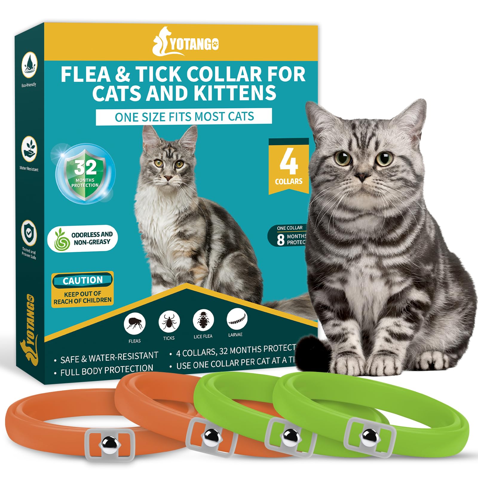 4 Pack Flea Collar for Cats, Cat Flea and Tick Collar 8 Months Cat Flea Collar Treatment Prevention, Adjustable Waterproof Cat Flea Collar Kitten Natural Tick and Flea Collar for Cat (Oragne&Green)