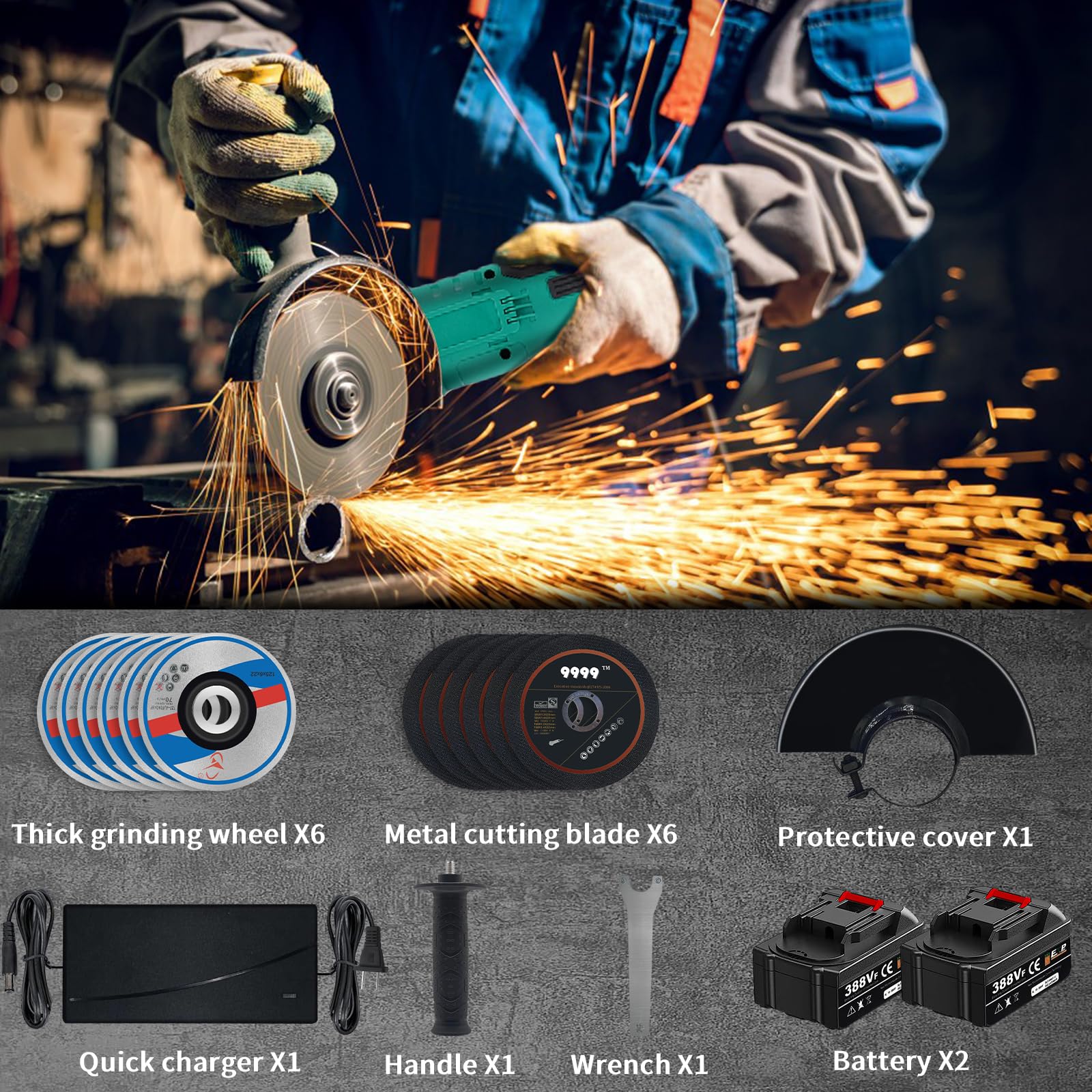 AQTZGOS Cordless Angle Grinder, 10000RPM Brushless Motor, 20V Cordless Angle Grinder Cutting Tool with 2 4.0A Batteries and Quick Charger, 4-1/2" Grinding Wheel, Cutting Wheel and Adjustable Auxiliary