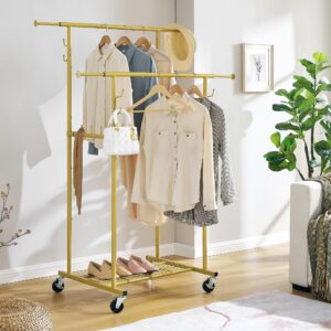 Gewudraw Double Rod Garment Rack, Heavy Duty Rolling Gold Clothes Rack with Wheels For Hanging Clothes,Portable Metal Clothing Rack with Shelves, 64.2inch Chrome