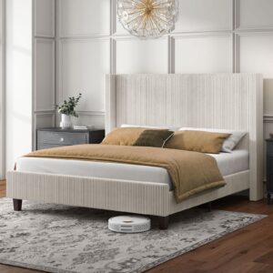 howe king size upholstered platform bed frame, wingback bed with 50.8" headboard, corduroy/solid wood leg/no box spring needed/noise free/cream