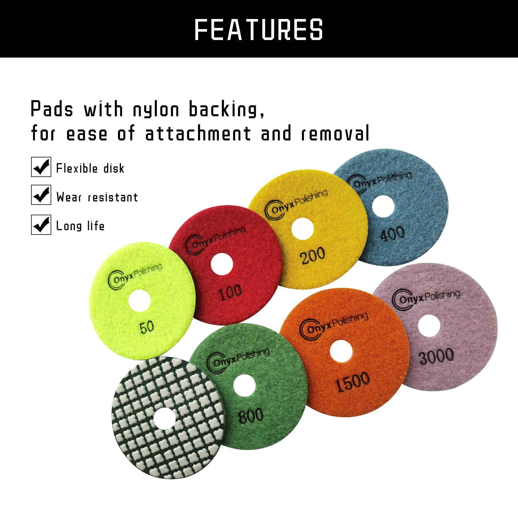 Onyx Latest launched, New Formula 7 PCS Dry Diamond Polishing Pads 4 Inch, Grit 50-3000, Granite, Marble, Engineered Stone, Countertop Polish Pads