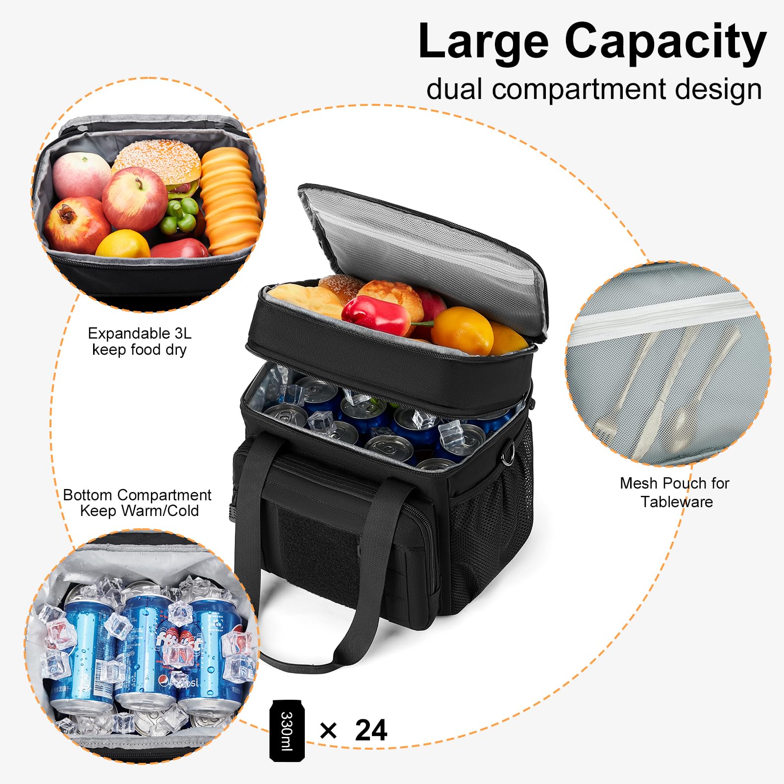 Gafetrey Expandable Large Tactical Lunch Box for Adults, Heavy Duty Durable Lunch Cooler Bag with MOLLE Lunch Pail for Work Camping Fishing Picnic (Black, 16L)