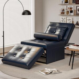 faux leather sofa bed, 4 in 1 convertible chair multi-function folding ottoman guest bed with adjustable backrest for living room, apartment, office 71.9''w (included 2 throw pillow) (dark blue)