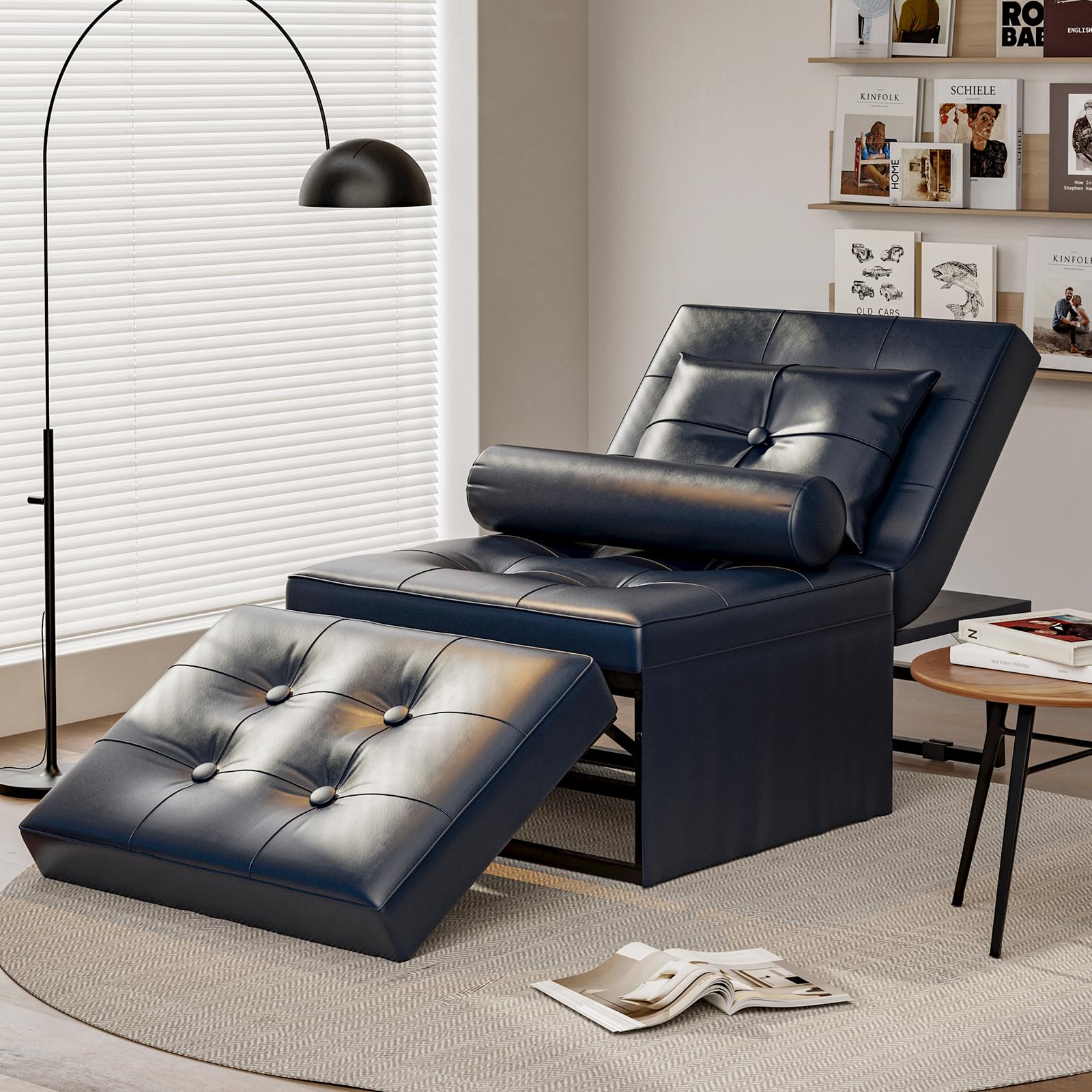 Faux Leather Sofa Bed, 4 in 1 Convertible Chair Multi-Function Folding Ottoman Guest Bed with Adjustable Backrest for Living Room, Apartment, Office 71.9''W (included 2 throw pillow) (Dark Blue)