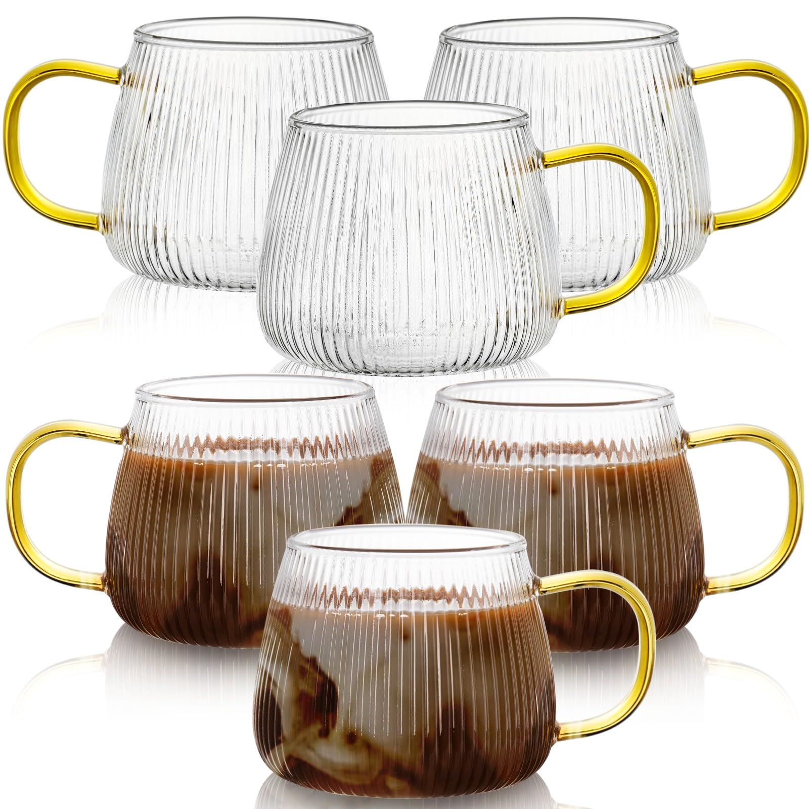 AVLA 6 Pack Glass Coffee Mugs, 16 OZ Unique Vertical Stripes Coffee Cup, Clear Large Tea Glasses with Handle, Vintage Transparent Glassware for Hot/Cold Beverages, Cappuccino, Latte, Espresso, Juice