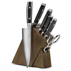 yaxell ran plus 7 piece slim knife set - made in japan - 69 layers vg10 damascus, dark ash block