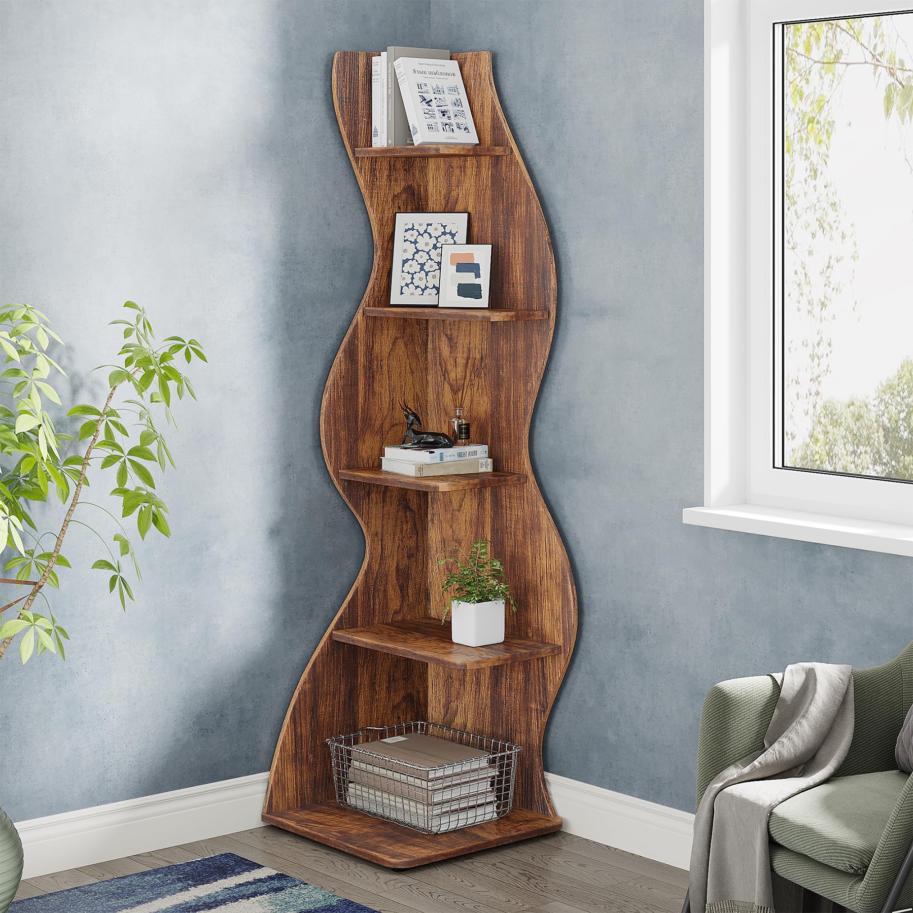 Tribesigns Corner Shelf, Rustic 5-Tier Wall Corner Bookshelf, Stylish Corner Small Bookcase Storage Rack Plant Stand with Unique Shape for Living Room, Home Office (1PC, Brown)