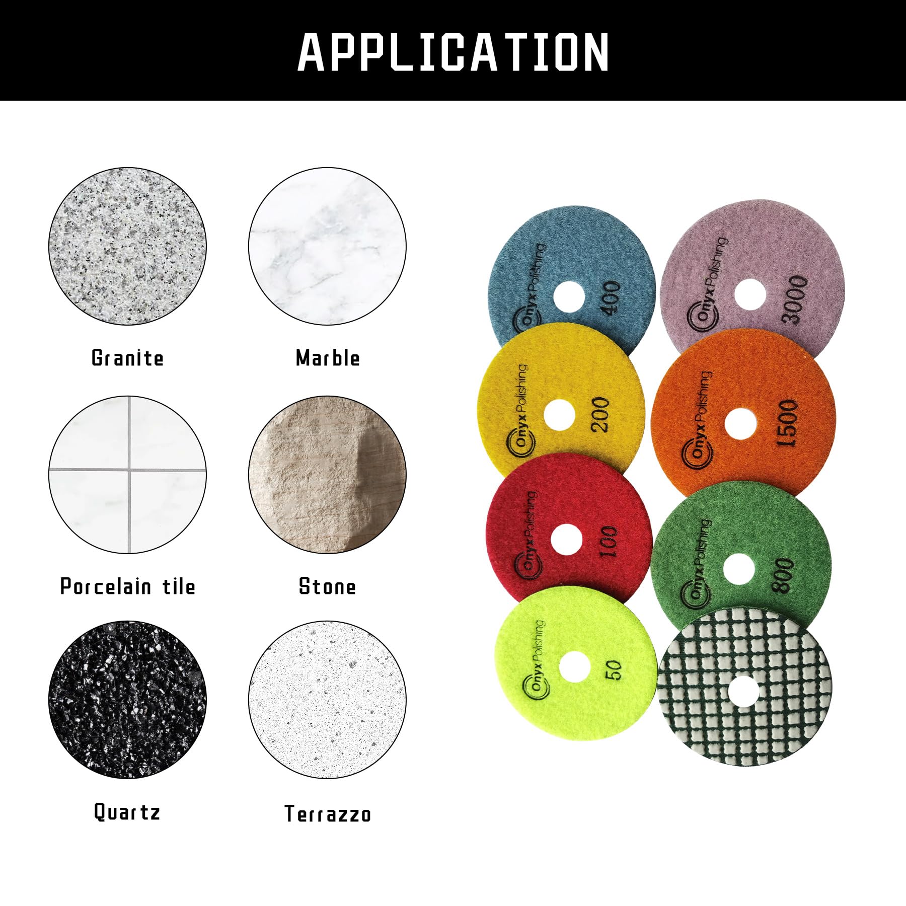 Onyx Latest launched, New Formula 7 PCS Dry Diamond Polishing Pads 4 Inch, Grit 50-3000, Granite, Marble, Engineered Stone, Countertop Polish Pads