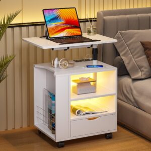 HNEBC LED Nightstand with Wireless Charging Station,White Nightstand Has Adjustable Rotary Table,Bedside Tables with One Drawer and 2 Mezzanines/Infrared Induction 3 Color Lighting (On The Left)